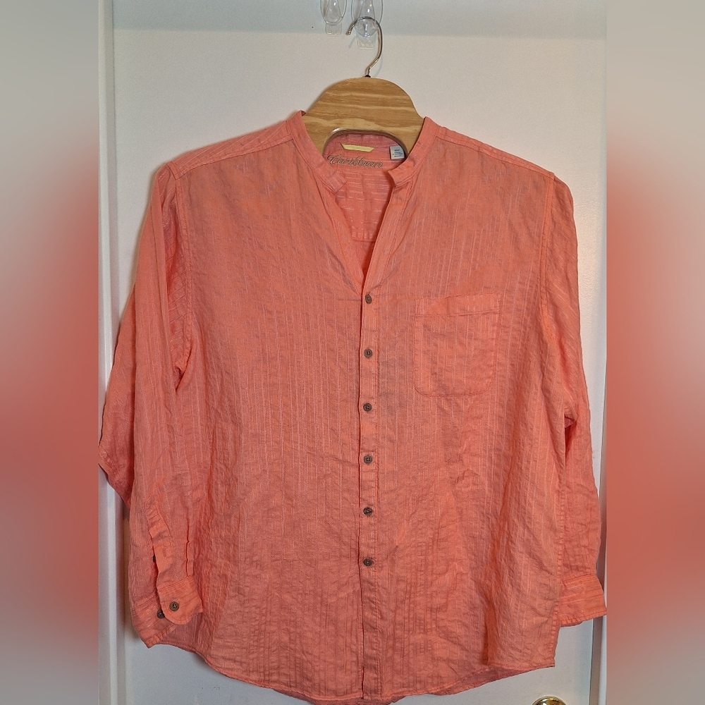 Caribbean Mens 2XLT Linen Blend Button Up Long Sleeve Shirt NWT'S Adjust Sleeves